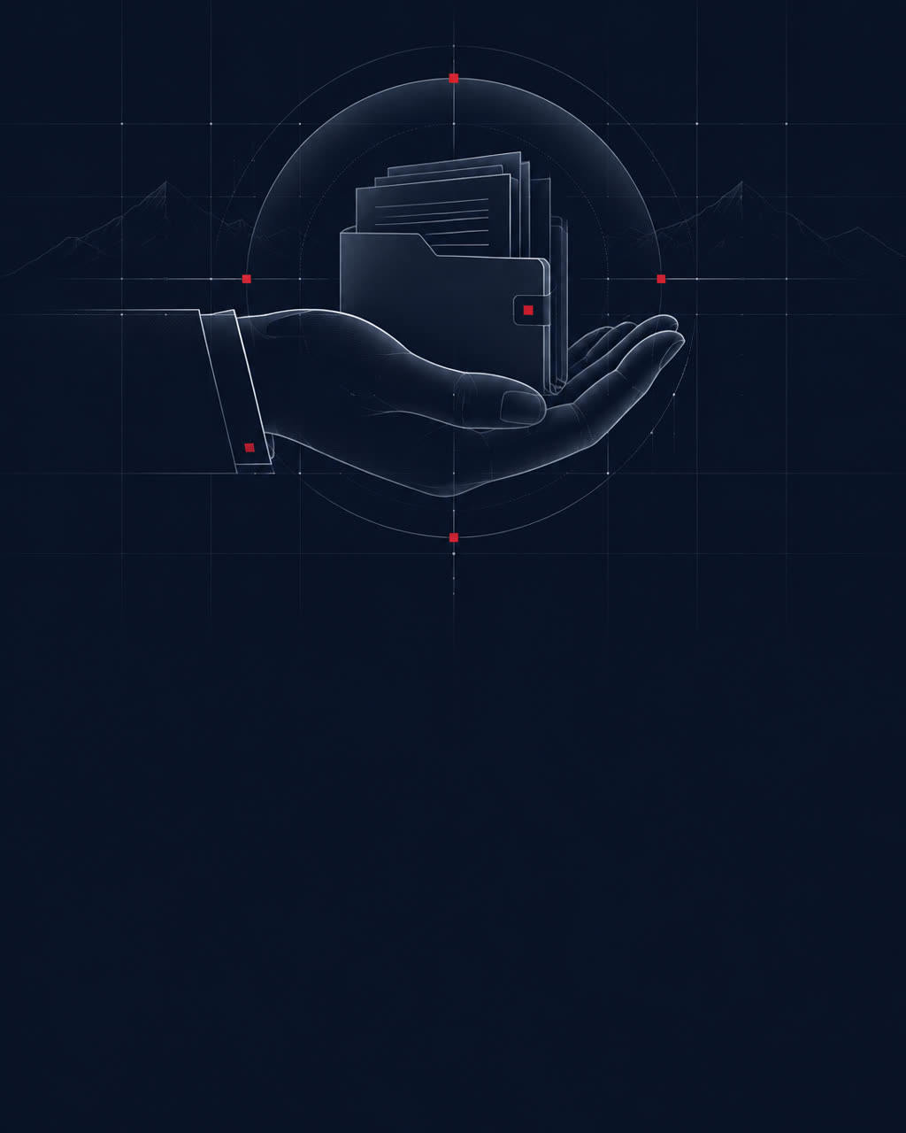 Schützende Hand mit Aktenmappe auf dunklem Navy-Grund